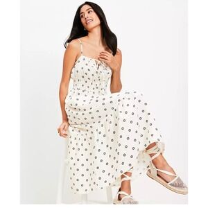 Loft Midi Dress 2 Cream Black Excellent Linen Blend Smocked Tiered Boho